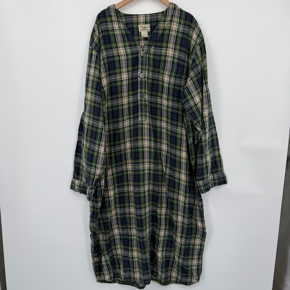 L.L. Bean 100% Cotton Tartan Nightgown Green and Blue Plaid 1/4 Button Dress